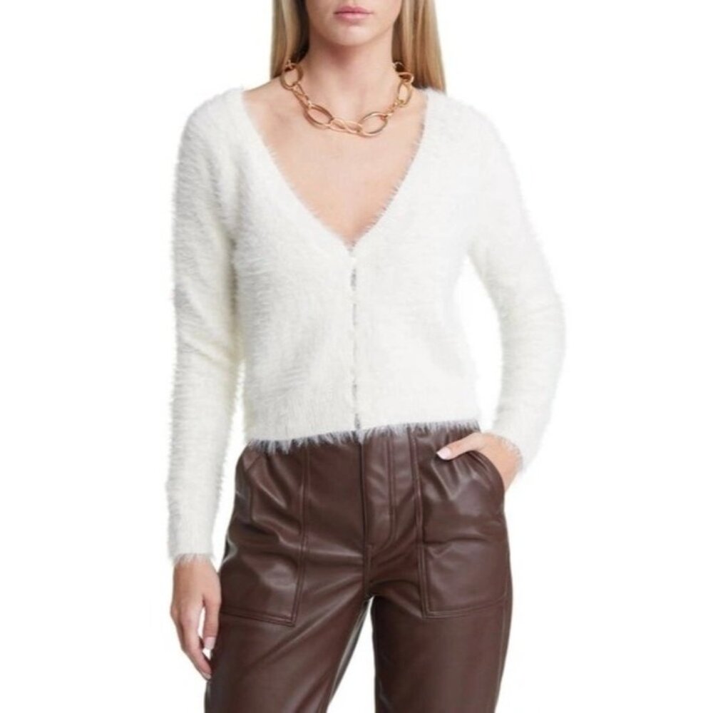 Open Edit Ivory Eyelash Fluffy Knit Cropped Cardigan